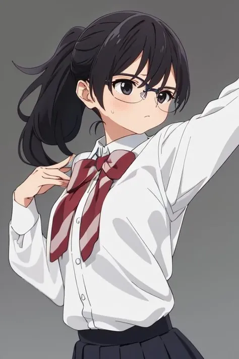 masterpiece, highres, 1girl, <lora:AiTatsumoriR4:0.7>, AiTatsumoriR4, ponytail, glasses, upperbody, school uniform, simple background, , small breasts,