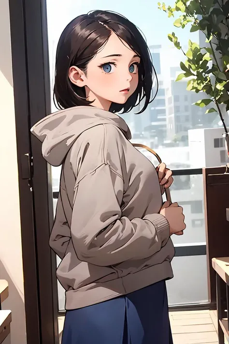 (masterpiece, best quality), 1girl, beautiful face, beautiful body, <lora:ichikawakana-nvwls-v1:1> ichikawakana, grey hoodie, blue skirt, ringed eyes