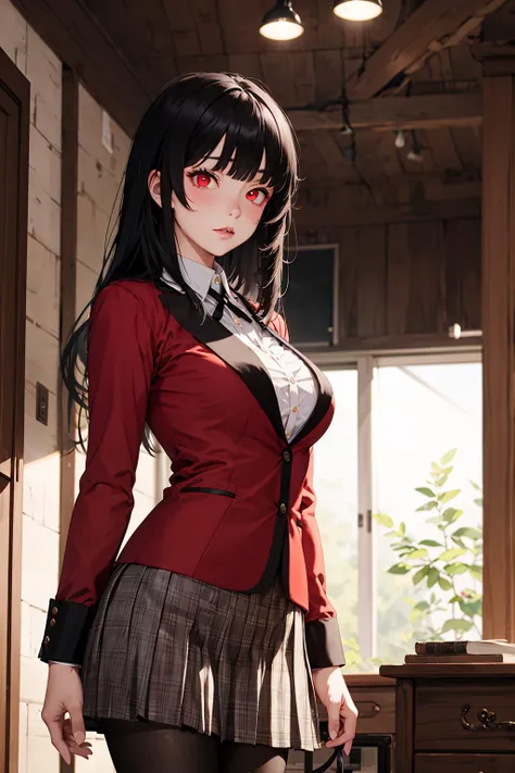 masterpiece,best quality,highres,hmjy1,long hair,blunt bangs,red eyes,school uniform,red jacket,pantyhose,white shirt,black ribbon,pleated skirt,<lora:jabami yumeko_v10:0.7>,standing,cowboy shot,
