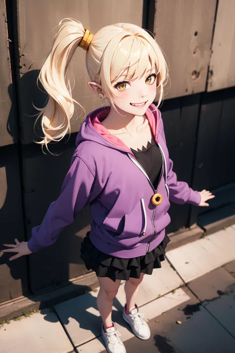 masterpiece,best quality,highres,ccshinobu,aged up,side ponytail,pointy ears,purple hoodie,black skirt,<lora:oshino_shinobu_v1:0.8>,standing,evil grin,standing,from above,