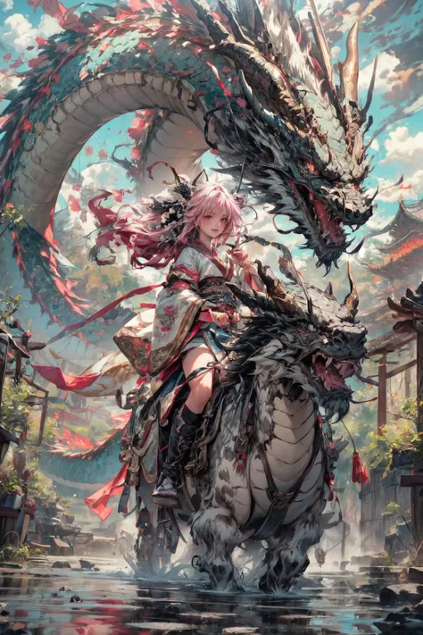 realistic, photorealistic, best quality, masterpiece, ultra high res, finely detailed, quality, realistic lighting, detailed skin, intricate details, raw photo, absurdres, highres, ultra detailed, BREAK, 1girl, solo, looking at viewer, , poster, portrait, close up, key visual, beautifu and aesthetic face, nice hands, (hand of Guido Daniele:1.5), detailed background, detailed face, (riding monster, Riding a dragon:1.5), (film view, Exaggerated Perspective, holding lightning up in one hand, pink theme, chinesedragon, eastern dragon, Dragon Scale, Dragon Horn, Dragon Claw, dragon tongue, sharp dragon teeth, pink white dragon, pink outfit, hanfu, hanfu skirt, pink braids, white bows, thigh boots, wide sleeves, long sleeves, Chinese ancient buildings, Sunrise scenery, large sky, wide sky, mountainous area, mountains at the end of summer, fantastic, mysterious, wind powers, clouds landscape, floating, river, puddle, ripple:1.4), (detailed light, beautiful detailed glow, pink long hair, colored inner hair, pearl, pink_eyes, pink hair, clean facial features, an extremely delicate and beautiful, cute & girly, beautiful detailed eyes, stars in the eyes:1.3), (sexy, slim, large breasts, skinny, slim_legs, long legs, narrow waist, model pose:1.1), (smile, blush, Pink lips, Glowing Eyes, perfect face, detailed pupils, Makeup:1.1), (eye focus,  face focus, character focus, close-up face:1.3), (dynamic pose, dynamic angle, dutch angle,  cowboy shot:1.4), (reflection, refraction, Rembrandt lighting, diffuse lighting, radiosity, photon mapping, subsurface scattering, atmospheric lighting, dynamic lighting, Multi-exposure HDR capture, Screen Space Global Illumination, Ray Tracing, Lumen Reflections, Tone Mapping, volumetric lighting, Circular polarizer, broad lighting, dramatic lighting, moody lighting:1.3), (explosive light and shadow, lens flare, light particle, lens glare, light particles, Luminescent Particles, floating particles, particles:1.2), (depth of field, blurry foreground, sharp focus, perspective, aerial perspective, film grain, film:1.4), (colorful refraction, iridescent colors, Iridescence:1.1), (dark studio, rim lighting, two tone lighting, dimly lit, low key, rim light, dark theme), (watercolor style, soft blending, dreamy washes, delicate textures, brilliant colors, action painting, gestural marks, dynamic brushwork, expressive motion, spontaneous technique, abstract expressionism, energetic compositions, action pose, vibrant glow, dynamic colors, reflective surfaces, girly style, delicate accessories, Overdetailed art, Water color painting, ornaments detailed:1.1), (atmosphere, Cosy, Peaceful, Hopeful:1.1), (Glowing ambiance, enchanting radiance, luminous lighting, ethereal atmosphere, mesmerizing glow, evocative hues, captivating coloration, enchanting aura, melanchonic soft light:1.1), official art, beautiful and aesthetic, beautiful, (zentangle, mandala, tangle, entangle), (ecstasy of flower:1.1), the most beautiful form of chaos, elegant, a brutalist designed, vivid colours, romanticism, atmospheric, warm tone, soft light, (fractal art), BREAK, delicate, Ultrarealistic, drawing, Detailed illustration, extremely detailed CG Unity 8k wallpaper, cinematic, dramatic, PBR Texturing, huge filesize, 8k uhd, octane render, unreal engine 5, BREAK, <lora:epiNoiseoffset_v3:1.65>, <lora:add_detail:0.65>, <lora:more_details:0.65>, <lora:GoodHands-beta2:1>, <lora:[LoRa] Riding Monsteræªç£é¨å£« Concept[ridingmonster]:0.65>,  <lora:ChineseDragon_v2:0.65>,  <lora:LowRA:0.65>