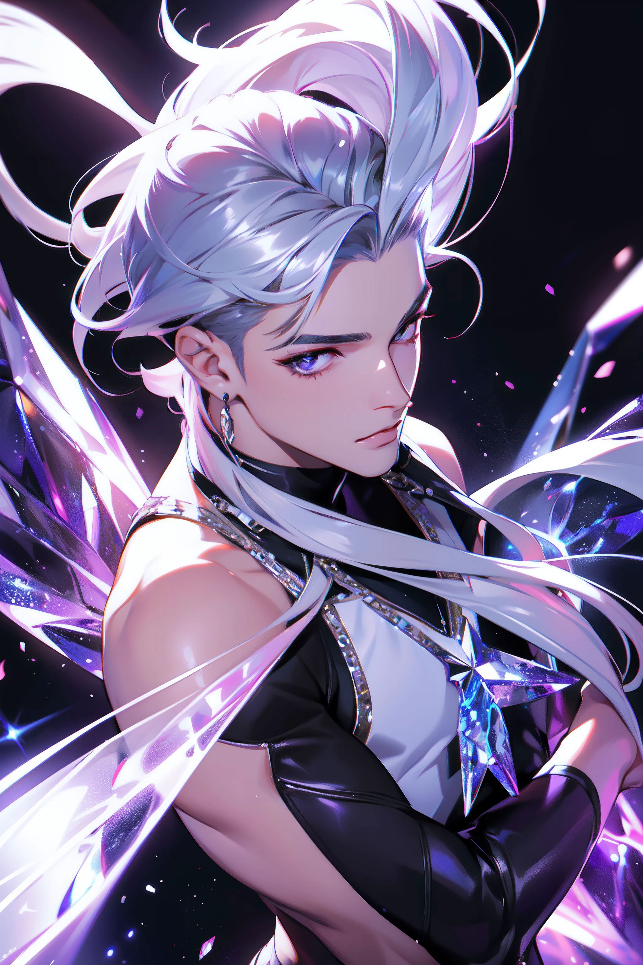 1boy, flowing silver hair, diamons, shiny, crystals, glamorous, popstar, KDA_ALL_OUT, upper body shot, League of Legends Splash Art, <lora:LoLSplashArt-V1.0:0.3>