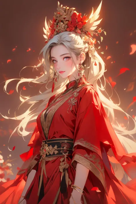 realistic, photorealistic, best quality, masterpiece, ultra high res, finely detailed, quality, realistic lighting, detailed skin, intricate details, raw photo, absurdres, highres, ultra detailed, BREAK, 1girl, solo, looking at viewer, 18 years old, hand of Guido Daniele, (petals, falling petals, dress, hair ornament, red dress, chinese clothes, bracelet, long sleeves, red eyes, braid, forehead mark, solo focus, jewelry, ponytail, plains, surrounded by flowers, flowerfield background, spider lily flowerfield, white hair, wavy hair, night, red details, red theme, standing, outdoors, atmospheric, panorama, giant red moon on the sky, blurry background, blurry foreground, cowboy shot, dynamic angle, from below, earrings, long hair, blurry, outdoors, smile, blush), (beautifu and aesthetic face, detailed face, clean facial features, an extremely delicate and beautiful, beautiful detailed eyes, stars in the eyes, Pink lips, Glowing Eyes, perfect face, detailed pupils, Makeup:1.1), (nice hands, sexy, slim, large breasts, skinny, narrow waist, human anatomy:1.1), (detailed light, beautiful detailed glow, detailed background:1.1), (reflection, refraction, Rembrandt lighting, diffuse lighting, radiosity, photon mapping, subsurface scattering, dynamic lighting, Multi-exposure HDR capture, Screen Space Global Illumination, Ray Tracing, Lumen Reflections, Tone Mapping, volumetric lighting, Circular polarizer, broad lighting, dramatic lighting:1.1), BREAK, explosive light and shadow, sharp focus, film grain, rim lighting, two tone lighting, rim light, Overdetailed art, official art, beautiful and aesthetic, beautiful, elegant, vivid colours, warm tone, soft light, delicate, Ultrarealistic, Detailed illustration, extremely detailed CG Unity 8k wallpaper, PBR Texturing, huge filesize, 8k uhd, octane render, unreal engine 5, BREAK, <lora:GoodHands-beta2:1>, <lora:æ°¸ä¸ä¸¨å¤å éå¸_v1.0:0.6>