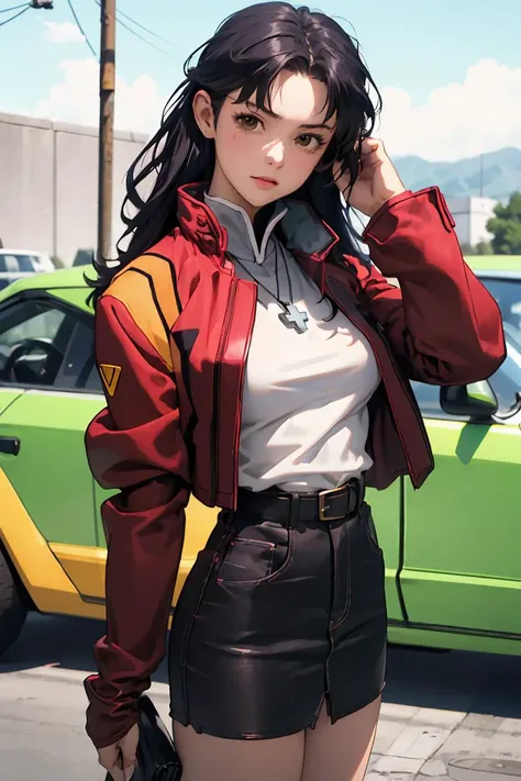 (masterpiece, best quality), 1girl, beautiful face, beautiful body, <lora:KatsuragiMisato:1> katsuragi misato, brown eyes, black dress, cross necklace, high collar dress, red jacket || black sweater, cross necklace, high collar dress, red jacket, pencil skirt, red skirt || ponytail, yellow t-shirt, tank top, denim shorts, belt