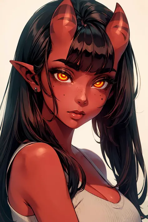 (masterpiece, best quality), 1girl, beautiful face, beautiful body, <lora:meruccubus:1> meruccubus, red oni, colored skin, red skin, pointy ears, long hair, mole, oni, blunt bangs