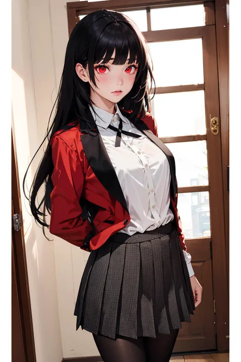 ((Best masterpiece, Perfect quality, Ultra detailed)), ((Antique World)), A skinny slender girl with small bust, Wearing a red leather long coat, Wearing a white y-shirt red tie, Wearing a gathered black fabric skirt