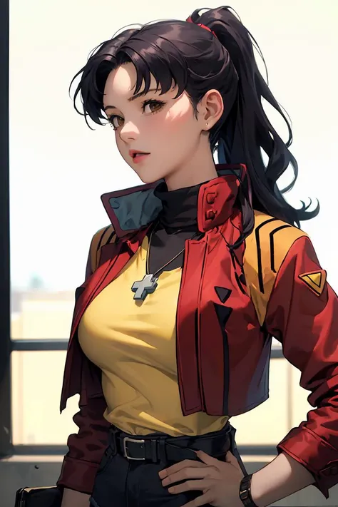 (masterpiece, best quality), 1girl, beautiful face, beautiful body, <lora:KatsuragiMisato:1> katsuragi misato, brown eyes, black dress, cross necklace, high collar dress, red jacket || black sweater, cross necklace, high collar dress, red jacket, pencil skirt, red skirt || ponytail, yellow t-shirt, tank top, denim shorts, belt