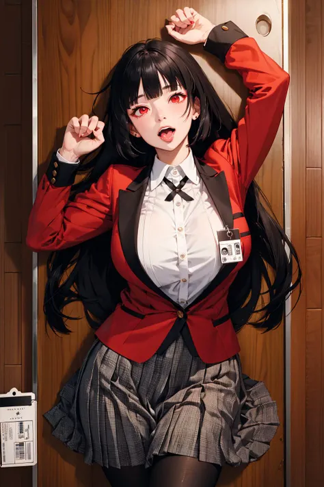 masterpiece,best quality,highres,hmjy1,long hair,blunt bangs,red eyes,school uniform,red jacket,blazer,pantyhose,white shirt,black ribbon,pleated skirt,<lora:jabami yumeko_v10:0.7>,cowboy shot,classroom,lying,from above,(name tag:1.1),paw pose,open mouth,tongue out,