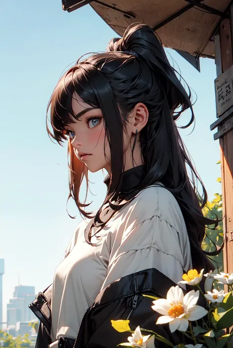 （1girll）， （Solo exhibition）， solofocus， the hair，curlies， hair pin， Sideburns， brunette color hair， jaqueta de couro， denim short， buliding， the roof， nigh sky， Counterpoint，photorealistic anime girl rendering, [ 4 K digital art ]， (Masterpiece, Top quality, Best quality, offcial art, Beautiful and aesthetic:1.2), (1 girl), extreme detailed details