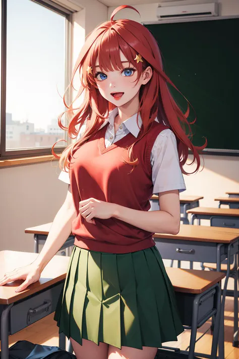 masterpiece,best quality,highres,aaitsuki,long hair,ahoge,star hair ornament,school uniform,red sweater,sweater vest,short sleeves,green skirt,pleated skirt,<lora:nakano_itsuki_v1:0.7>,classroom,indoors,smile,open mouth,standing,cowboy shot,