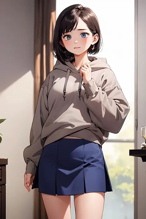 (masterpiece, best quality), 1girl, beautiful face, beautiful body, <lora:ichikawakana-nvwls-v1:1> ichikawakana, grey hoodie, blue skirt, ringed eyes