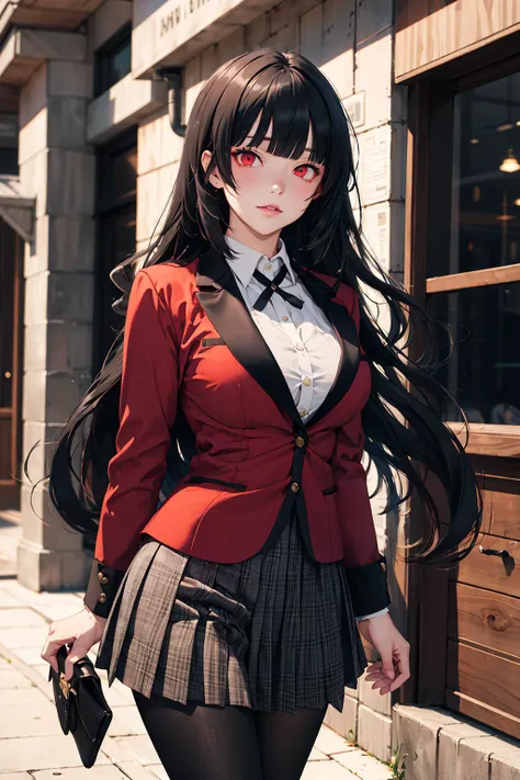 masterpiece,best quality,highres,hmjy1,long hair,blunt bangs,red eyes,school uniform,red jacket,blazer,pantyhose,white shirt,black ribbon,pleated skirt,<lora:jabami yumeko_v10:0.7>,standing,cowboy shot,