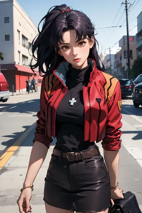 (masterpiece, best quality), 1girl, beautiful face, beautiful body, <lora:KatsuragiMisato:1> katsuragi misato, brown eyes, black dress, cross necklace, high collar dress, red jacket || black sweater, cross necklace, high collar dress, red jacket, pencil skirt, red skirt || ponytail, yellow t-shirt, tank top, denim shorts, belt