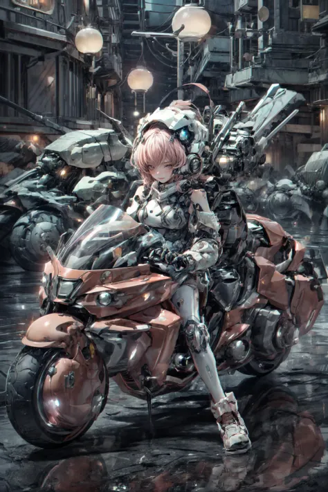 realistic, photorealistic, best quality, masterpiece, ultra high res, finely detailed, quality, realistic lighting, detailed skin, intricate details, raw photo, absurdres, highres, ultra detailed, BREAK, 1girl, solo, looking at viewer, 16 years old, poster, portrait, close up, key visual, beautifu and aesthetic face, nice hands, (hand of Guido Daniele:1.5), detailed background, detailed face, (riding a pink akirabike In the ruins of a cyberpunk city after a thermonuclear war, akirabike, broken neon signs hanging from buildings, neon signs, scifi metal breastplate shining coldly, front view, Lots of exposed broken cables, cute girl is driving a motorcycle on reflective floor, fenhong, low angle shot, chibi, white bodysuit, baby_face, childish, side view, headphones, glass:1.4_mask_helmet, cat_ear_helmet, bare shoulders, cybernetic, mecha suit, futuristic, combat attire , mix of organic and inorganic, exposed circuitry, massive scale, mono-eyed, weaponized, polished metal, futuristic background, mechanical beauty, technology wonder, full body, BJ_Cute_Mech, holding, weapon, holding_weapon, armor, gun, helmet,  clenched_hand, holding_gun, mecha_musume, power_armor:1.5), (film view, Exaggerated Perspective, pink theme, pink outfit, pink braids:1.4), (detailed light, beautiful detailed glow, pink long hair, colored inner hair, pearl, pink_eyes, pink hair, clean facial features, an extremely delicate and beautiful, cute & girly, beautiful detailed eyes, stars in the eyes:1.3), (sexy, slim, large breasts, skinny, slim_legs, long legs, narrow waist, model pose:1.1), (smile, blush, Pink lips, Glowing Eyes, perfect face, detailed pupils, Makeup:1.1), (eye focus,  face focus, character focus, close-up face:1.3), (dynamic pose, dynamic angle, dutch angle,  cowboy shot:1.4), (reflection, refraction, Rembrandt lighting, diffuse lighting, radiosity, photon mapping, subsurface scattering, atmospheric lighting, dynamic lighting, Multi-exposure HDR capture, Screen Space Global Illumination, Ray Tracing, Lumen Reflections, Tone Mapping, volumetric lighting, Circular polarizer, broad lighting, dramatic lighting, moody lighting:1.3), (explosive light and shadow, lens flare, light particle, lens glare, light particles, Luminescent Particles, floating particles, particles:1.2), (depth of field, blurry foreground, sharp focus, perspective, aerial perspective, film grain, film:1.4), (colorful refraction, iridescent colors, Iridescence:1.1), (dark studio, rim lighting, two tone lighting, dimly lit, low key, rim light, dark theme), (watercolor style, soft blending, dreamy washes, delicate textures, brilliant colors, action painting, gestural marks, dynamic brushwork, expressive motion, spontaneous technique, abstract expressionism, energetic compositions, action pose, vibrant glow, dynamic colors, reflective surfaces, girly style, delicate accessories, Overdetailed art, Water color painting, ornaments detailed:1.1), (atmosphere, Cosy, Peaceful, Hopeful:1.1), (Glowing ambiance, enchanting radiance, luminous lighting, ethereal atmosphere, mesmerizing glow, evocative hues, captivating coloration, enchanting aura, melanchonic soft light:1.1), official art, beautiful and aesthetic, beautiful, (zentangle, mandala, tangle, entangle), (ecstasy of flower:1.1), the most beautiful form of chaos, elegant, a brutalist designed, vivid colours, romanticism, atmospheric, warm tone, soft light, (fractal art), BREAK, delicate, Ultrarealistic, drawing, Detailed illustration, extremely detailed CG Unity 8k wallpaper, cinematic, dramatic, PBR Texturing, huge filesize, 8k uhd, octane render, unreal engine 5, BREAK, <lora:epiNoiseoffset_v3:1.65>, <lora:add_detail:0.65>, <lora:more_details:0.65>, <lora:GoodHands-beta2:1>, <lora:LowRA:0.65>,  <lora:akirabikev0.2:0.9>, <lora:pink cat:0.3> , <lora:Cute_Mech_style(4080):0.3>, <lora:softmecha-V5:0.6>