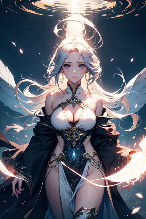 Detailed CG illustration,floating in the air,(mid-shot:1.2),a girl using magic,(fantasy setting:1.3),(ethereal lighting:1.2),(enchanted atmosphere:1.2),(flowing robes:1.2),(mystical aura:1.3),(magical effects:1.3),(fascinating expression:1.2),bare shoulder,BIG BOOBS,