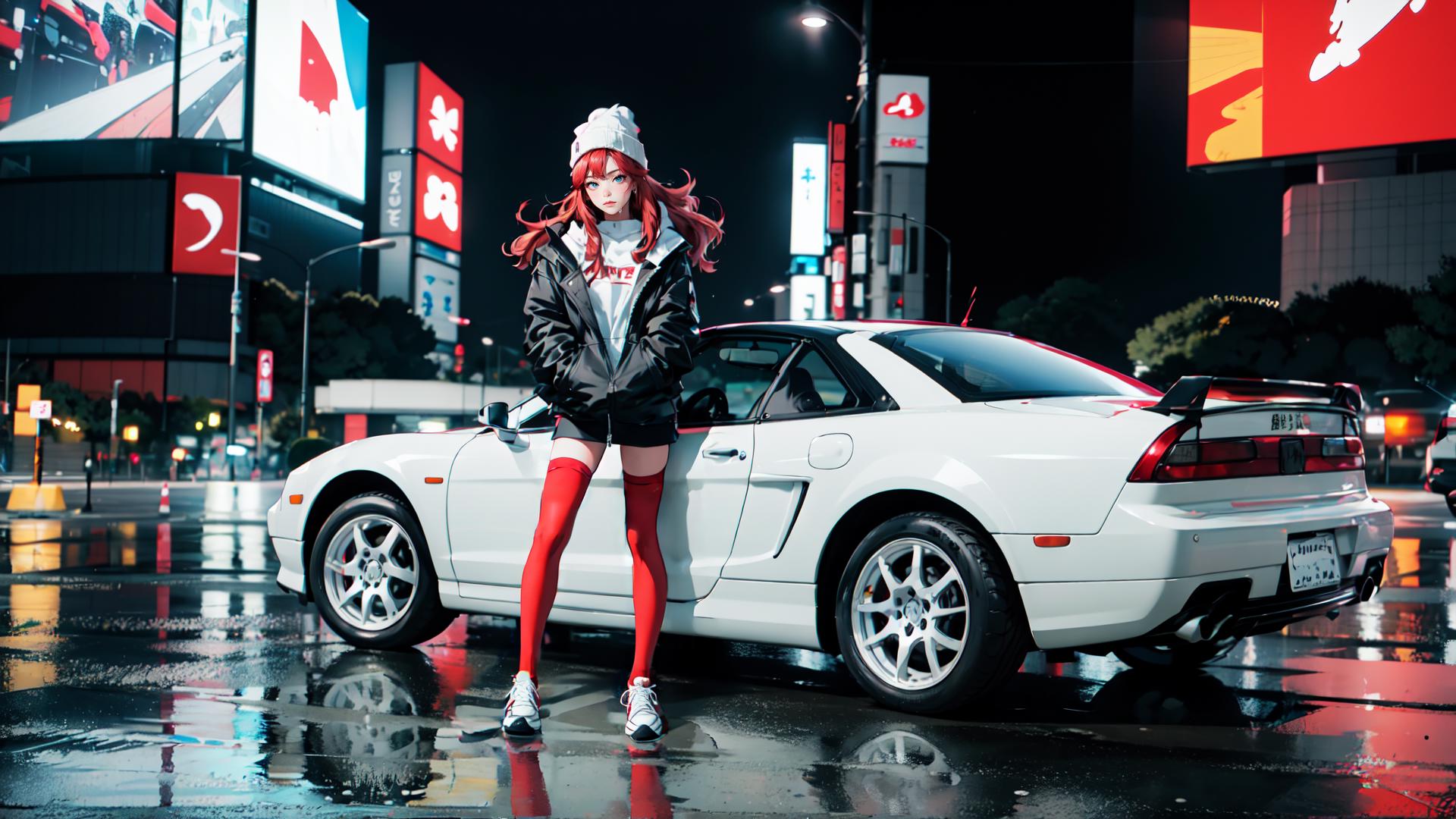 Araffe posing next to a white sports car in a city at night - SeaArt AI