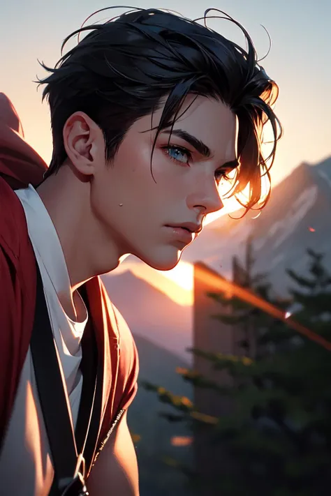 1male,handsome,strong,Nonejfif257jfif_version(1, 1)jfif_unit0jfif_density(1, 1)progressive1progression1,((1male)),{{{masterpiece}}},best quality,cinematic lighting,front close-up,outdoors,sky,detailed background,dynamic pose,dynamic angle,blurry background,mountain,sunset,backlight