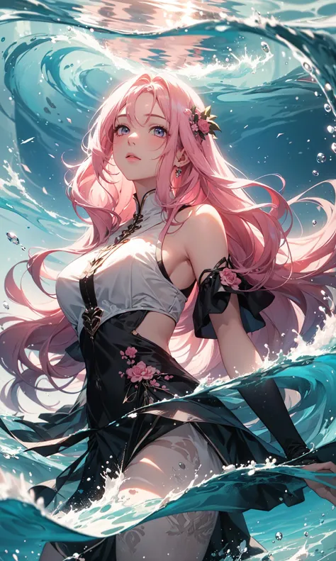 1girl,masterpiece,best quality,water wave,pink long hair,