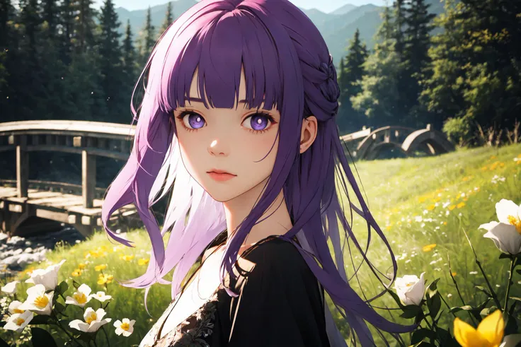 <lora:FernV2:0.8>,1girl,magician,disgust,stream,flowers meadows,bridge,landscape,curvy,round face,purple hair,, masterpiece,best quality,highly detailed,Amazing,finely detail,extremely detailed CG unity 8k wallpaper,score:>=60,, beautiful detailed eyes,Fine hair texture,, Cinematic Lighting,rim light,available light,light leaks,depth_of_field,blurry,