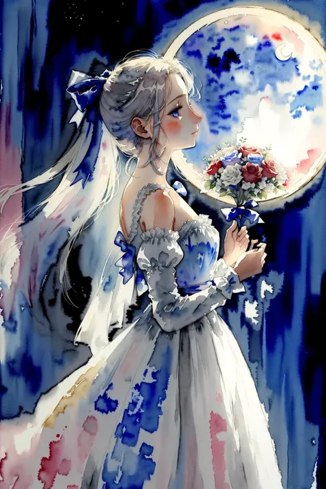 (watercolor \(medium\):1.2),masterpiece, best quality, moon, night sky, from side, hand up,  1girl,painting of  <lora:celes-nvwls-v2:0.7>,celes chere, white ballgown, hair bow, blue ribbon, red bouquet, stage, spotlight  , [( in the style of <lora:IrisCompietStyle:0.7>):0.4]