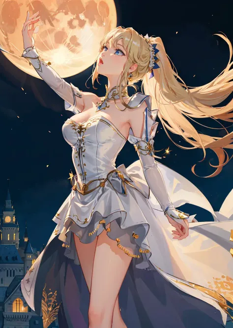 (masterpiece, best quality:1.2), intricate detail, 1girl, celes chere, mouth open, looking up, night sky, full moon, on top of castle, full body, one hand high up, the other hand on chest, blonde high ponytail, blue ribbon, white gorgeous dress, necklace, accessory, medival, <lora:celes-nvwls-v1-final:0.7>