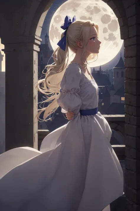 masterpiece:1.2, best quality, castle, cobble stone balcony, looking out onto a medieval city, celes chere, white ballgown, hair bow, blue ribbon, (side view)1.6, night, moonlight, moon rays, standing, sad expression, upper body, centered, <lora:celes-nvwls-v2:0.8>
