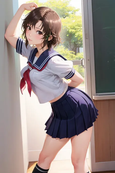 best quality, masterpiece, 1girl, solo, standing, <lora:nonokamasaki-photokano-richy-v1:1> masaki nonoko, arms behind back, leaning forward, serafuku, school uniform,