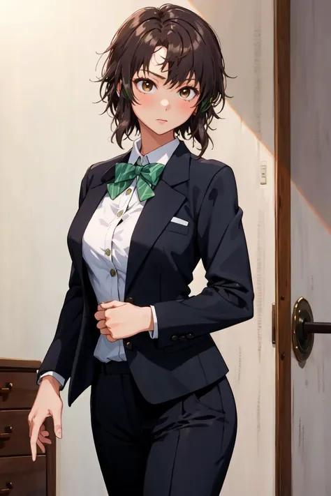 Anime girl in a suit and bow tie standing in front of a door - SeaArt AI