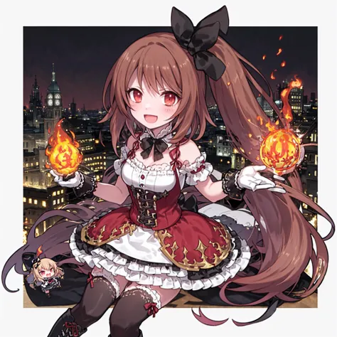 absurdres, high detail, uhd, burn it all, city, flaming city, explosion,
pyrokinesis, smile, open mouth, magic circle,
chibi, ranan, long hair, side ponytail, hair bow, black bow, detached collar, collarbone, red dress, white shirt, detached sleeves, short sleeves, frills, black gloves, frilled skirt, brown thighhighs, lace-up boots,
<lora:gomaotsu-ranun-t1-000080:0.8>