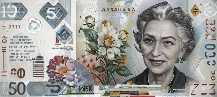 (( a foil 1 dollar bill banknote featuring a joyful smiling woman artist in style of <lora:arcane_offset:1.15> with grey white hair )) holding a (((( paint brush )))), painter, style-paintmagic, style-sylvamagic, extremely vibrant colors, full color spectrum, color theory, ((( flowers ))), ((( paint brush strokes ))), <lora:money:1.00>, extremely detailed, intricate designs, reflective surfaces, raytracing, atmospheric lighting, absurdres, volumetric lighting, elaborate details, (masterpiece), 8k, HDR