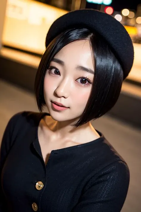 20yo, 8k, RAW portrait of (japanese girl), photo realistic, ultra high res, best quality, real life photo , dramatic, atmospheric, ( at night :1.1),
1girl, a very beautiful japanese girl, glamour shot of girl, short hair, bob cut hair, textured skin, closed mouth,
big beautiful detailed eyes, black hair, beautiful detailed nose, (flat Chest: 1.3),
a woman posing at street with black shirt, button down dress, black beret hat,
<lora:AoiYuki_V1>, looking at viewer, from above,