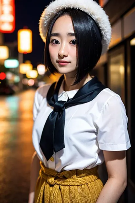 20yo, 8k, RAW portrait of (japanese girl), photo realistic, ultra high res, best quality, real life photo , dramatic, atmospheric, ( at night :1.1),
1girl, a very beautiful japanese girl, glamour shot of girl, short hair, textured skin, closed mouth,
big beautiful detailed eyes, black hair, beautiful detailed nose, (flat Chest: 1.3), upper body,
a woman posing at street with a white button down shirt, yellow long skirt, bolo tie, black beret hat,
<lora:AoiYuki_V1:1.3>, look camera, look side, arm behind back