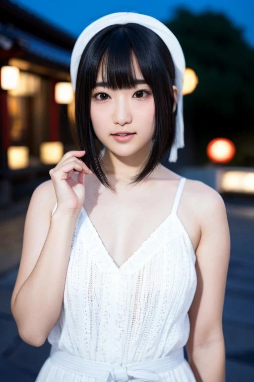 20yo, 8k, RAW portrait of (japanese girl), photo realistic, ultra high res, best quality, real life photo , dramatic, atmospheric, (at night :1.1),
1girl, a very beautiful japanese girl, glamour shot of girl, short hair, textured skin, closed mouth, (smile:0.7), pale skin, bangs,
big beautiful detailed eyes, black hair, beautiful detailed nose, (flat Chest: 0.5), upper body,
a woman posing at a skyline, camisole,
<lora:AoiYuki_V2:0.9>, look camera, blurry background,