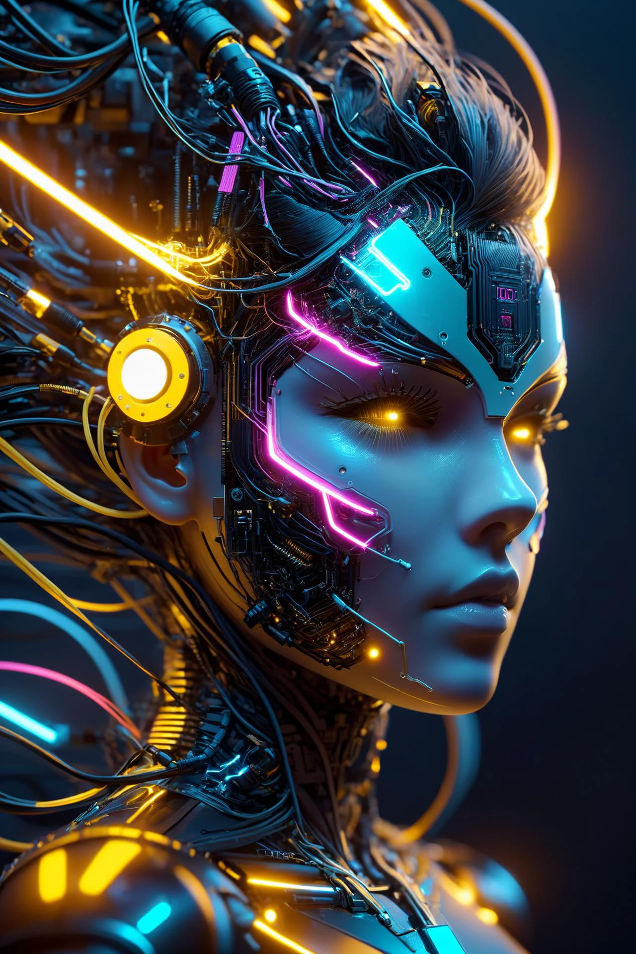 the head of a female cyborg, by Ralph McQuarrie, by Aaron Horkey, neon yellow lightning, neon teal lightning, neon magenta lightning, cables, wires, synthwave, vaporwave, retro futurism, circuitboard, dark futuristic, DonMW15pXL, floating, astral <lora:Dark_Futuristic_Circuit_Boards:0.8> <lora:DonMW15pXL:1>, ziprealism, (masterpiece:1.2), best quality, (hyperdetailed, highest detailed:1.2), high resolution textures, <lora:EnvyBetterHiresFixXL01:1>