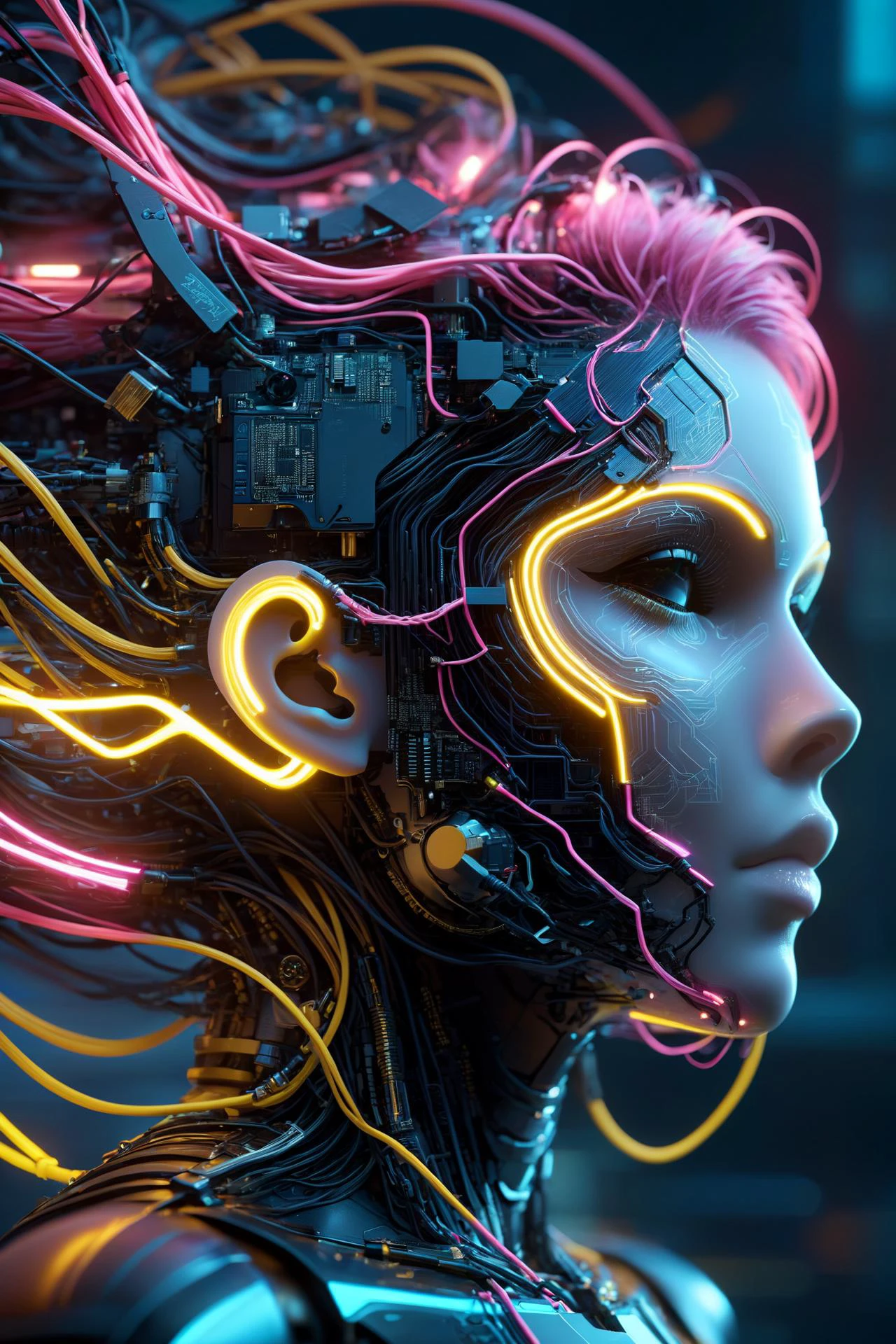 the head of a female cyborg, by Ralph McQuarrie, by Aaron Horkey, neon yellow lightning, neon teal lightning, neon magenta lightning, cables, wires, synthwave, vaporwave, retro futurism, circuitboard, dark futuristic, DonMW15pXL, floating, astral <lora:Dark_Futuristic_Circuit_Boards:0.8> <lora:DonMW15pXL:1>, ziprealism, (masterpiece:1.2), best quality, (hyperdetailed, highest detailed:1.2), high resolution textures, <lora:EnvyBetterHiresFixXL01:1>