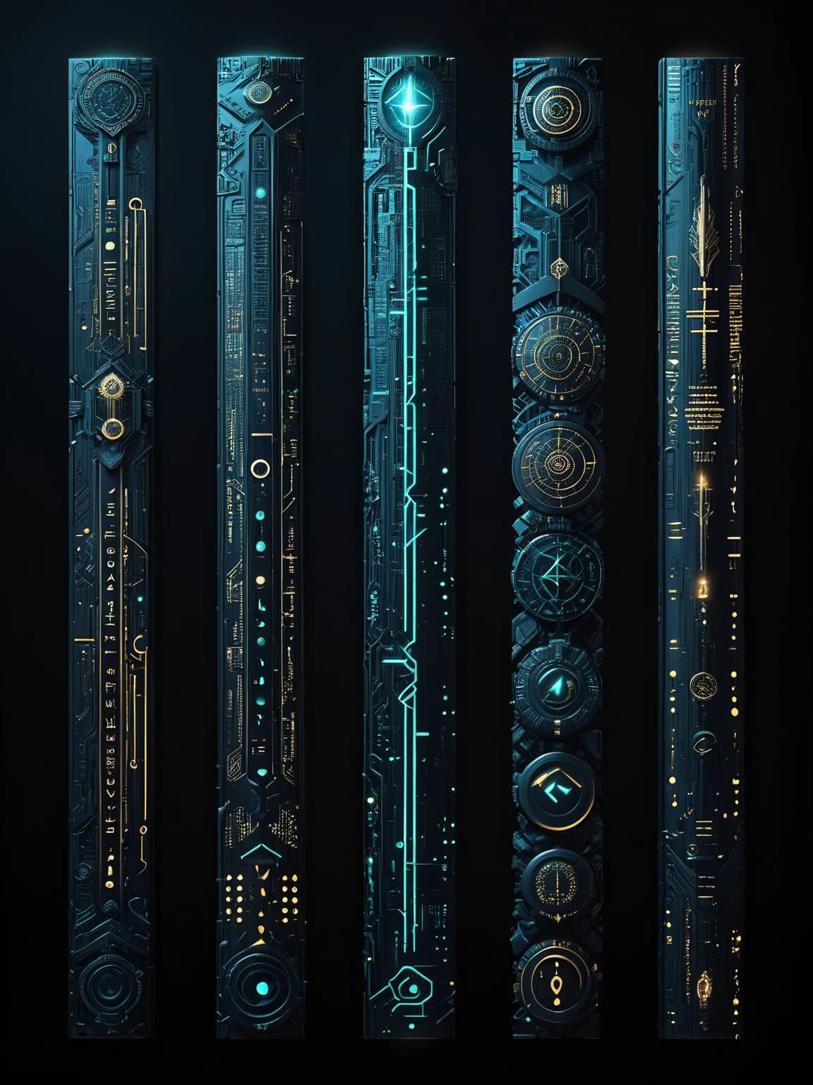 A set of ancient runes and totems, each symbol glowing with the energy of dark futuristic circuitboards, telling tales of a time where magic and technology converge <lora:Dark_Futuristic_Circuit_Boards:1>, <lora:EnvyBetterHiresFixXL01:0:hr=1>