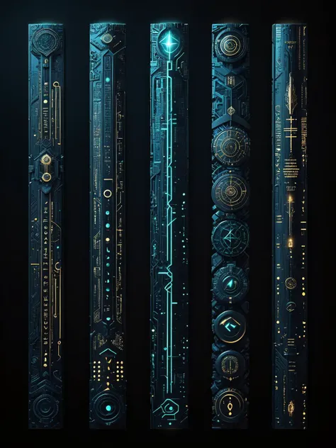 A set of ancient runes and totems, each symbol glowing with the energy of dark futuristic circuitboards, telling tales of a time where magic and technology converge <lora:Dark_Futuristic_Circuit_Boards:1>, <lora:EnvyBetterHiresFixXL01:0:hr=1>