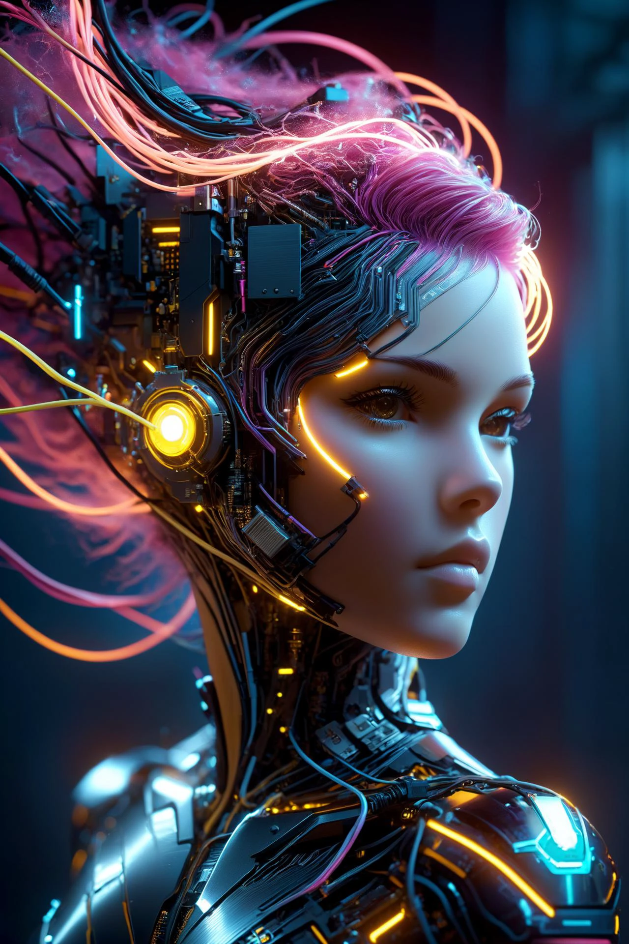 the head of a female cyborg, by Ralph McQuarrie, by Aaron Horkey, neon yellow lightning, neon teal lightning, neon magenta lightning, cables, wires, synthwave, vaporwave, retro futurism, circuitboard, dark futuristic, DonMW15pXL, floating, astral <lora:Dark_Futuristic_Circuit_Boards:0.8> <lora:DonMW15pXL:1>, ziprealism, (masterpiece:1.2), best quality, (hyperdetailed, highest detailed:1.2), high resolution textures, <lora:EnvyBetterHiresFixXL01:1>