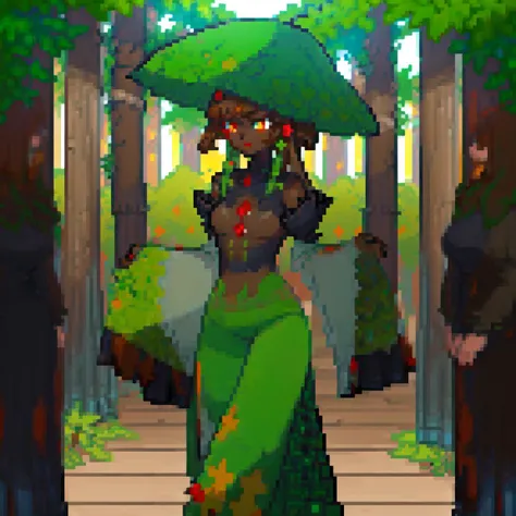 ((best quality)), ((highly detailed)), masterpiece, absurdres, (detailed eyes, deep eyes), <lora:more_details:.7>, (1girl), sitting, <lora:hairdetailer:.8>, (dryad), (((plant_hair:2, brown hair, <lora:conceptColoredInner_v10:1>, Burnt umber colored inner hair, leaves in hair))), (((dark brown skin:1.5))), (serene smile), green eyes, tall woman, ((intricate tattoos:1.4)), (green tattoos), (rune tattoos), nature, ((leaf skirt, clothes made of plants:1.4)), medium breasts, mushrooms, (outside, at a forest, trail, forest canopy, twilight, shooting star), <lora:pksp768_V1:1>, pokemon, no humans, ((rocktype))