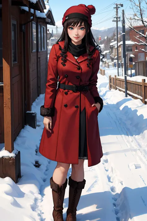masterpiece, best quality, <lora:morishimaharuka-nvwls-v1-000009:1> morishima haruka, hairband, red coat, fur trim, black scarf, boots, looking at viewer, smile, beanie, snow, winter