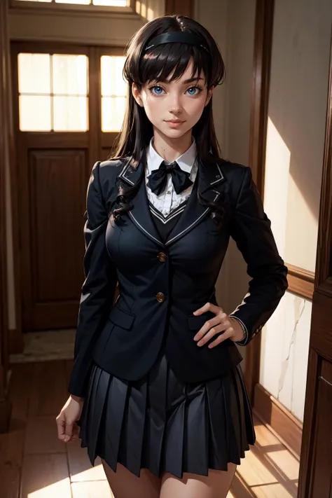 (masterpiece, best quality, 4k, detailed, intricate, realistic),hallway,window,dappled sunlight,cowboy shot, morishima haruka,hairband, black sailor collar, black blazer, black bowtie, long sleeves, pleated skirt,slight smile,blue eyes <lora:morishimaharuka-nvwls-v1:0.8>