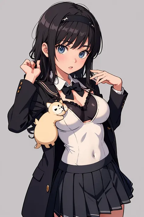 (masterpiece, best quality), 1girl, <lora:morishimaharuka-nvwls-v1:0.8> morishima haruka, hairband, black sailor collar, black blazer, black bowtie, long sleeves, pleated skirt, black one-piece swimsuit