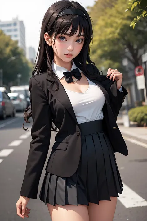 (masterpiece, best quality), 1girl, <lora:morishimaharuka-nvwls-v1:0.8> morishima haruka, hairband, black sailor collar, black blazer, black bowtie, long sleeves, pleated skirt, black one-piece swimsuit