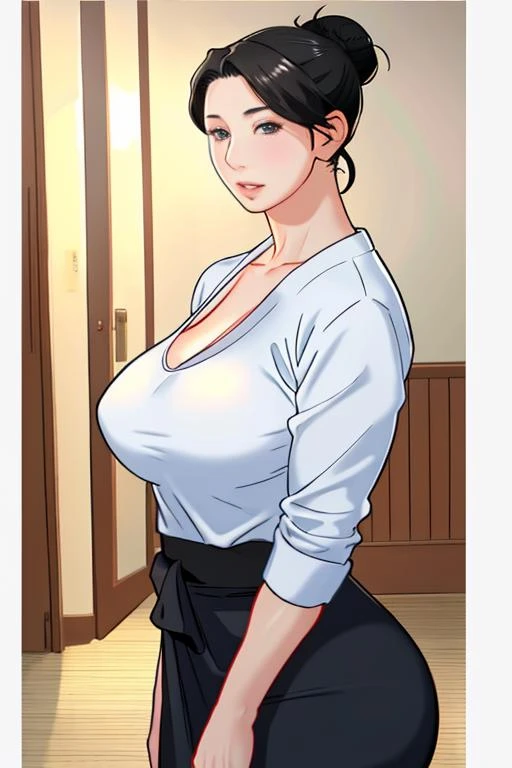 masterpiece,best quality,absurdres,photorealistic,mature female,sagging breasts,<lora:huishan:0.6>, long_hair,large_breasts,black_hair,hair_bun,