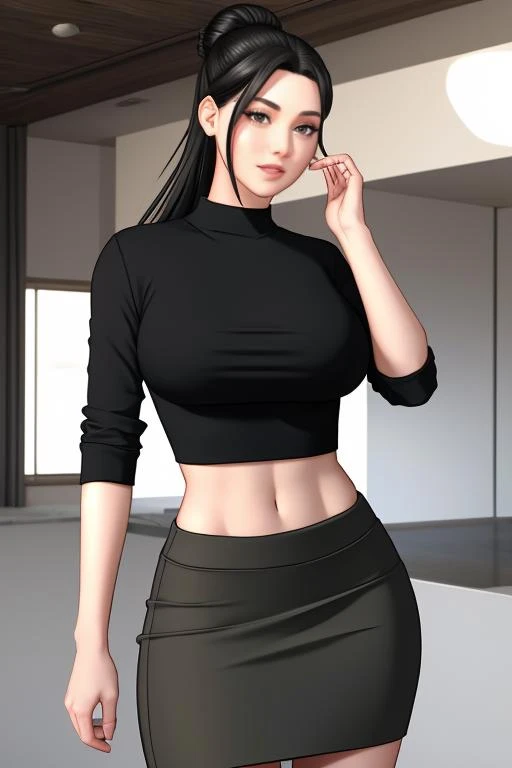 masterpiece,best quality,absurdres,photorealistic,mature female,sagging breasts,<lora:huishan:0.6>,long_hair,large_breasts,black_hair,hair_bun,pencil skirt,
