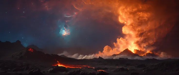 cinematic still frame of molten lava alien landscape, the surface is covered in molten lava, with active volcanoes spewing fiery eruptions and noxious gases, scorching hot (with a futuristic power plant in the background:1.2), nebula, aurora, constellation, galaxy, glowing, light, light particles, magic, milky way, shooting star, space, star, starry background, starry sky <lora:FusionDraw9257_Nebula_SDXL:1>, best quality, masterpiece, highres, 4k, 8k, realistic, dim lit, foggy, muted colors, hazy, vintage, analog style