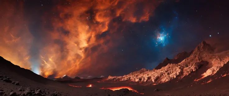 alien landscape where the surface is a very hot and dry, most of the landscape is made up of gently rolling plains, mountains and volcanoes, and much of its surface is covered with old lava flows, nebula, aurora, constellation, galaxy, glowing, light, light particles, magic, milky way, shooting star, space, star, starry background, starry sky <lora:FusionDraw9257_Nebula_SDXL:1>, best quality, masterpiece, highres, 4k, 8k, realistic