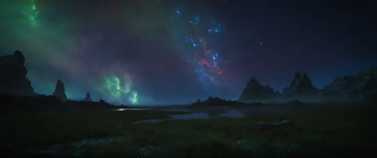 cinematic still frame of The Bitter Coast: A swampy region along the western coast of Vvardenfell, where the sea meets the land. The Bitter Coast is full of marshes, caves, and ruins, as well as smugglers, bandits, and slavers. The Bitter Coast is also known for its giant mushrooms and exotic plants, such as marshmerrow and saltrice., nebula, aurora, constellation, galaxy, glowing, light, light particles, magic, milky way, shooting star, space, star, starry background, starry sky <lora:FusionDraw9257_Nebula_SDXL:1>, best quality, masterpiece, highres, 4k, 8k, realistic, dim lit, foggy, muted colors, hazy, vintage, analog style