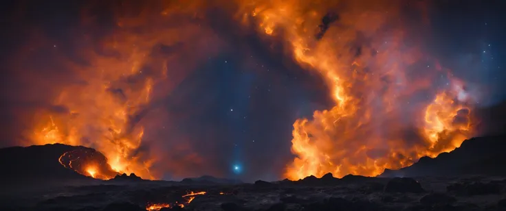 cinematic still frame of molten lava alien landscape, the surface is covered in molten lava, with active volcanoes spewing fiery eruptions and noxious gases, scorching hot (with a derelict loading bay in the background:1.2), nebula, aurora, constellation, galaxy, glowing, light, light particles, magic, milky way, shooting star, space, star, starry background, starry sky <lora:FusionDraw9257_Nebula_SDXL:1>, best quality, masterpiece, highres, 4k, 8k, realistic, dim lit, foggy, muted colors, hazy, vintage, analog style