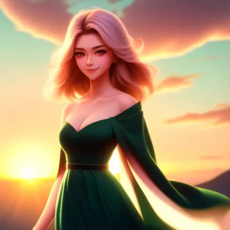 Anime, Pretty Woman in Green Dress, Sunset Horizon, looks towards the camera and smiling, studio Ghibli, anime key art by Greg Rutkowski, Bloom, dramatic lighting, bloom, medium shot, mid-shot, highly detailed, trending on Artstation, 4k, cinematic wallpaper by Stanley Artgerm Lau, WLOP (to8highkey:1) <lora:to8sHighKeyLORASD21_sd21768:0.6> <lora:johnsondesuv2-320-e1:0.6>